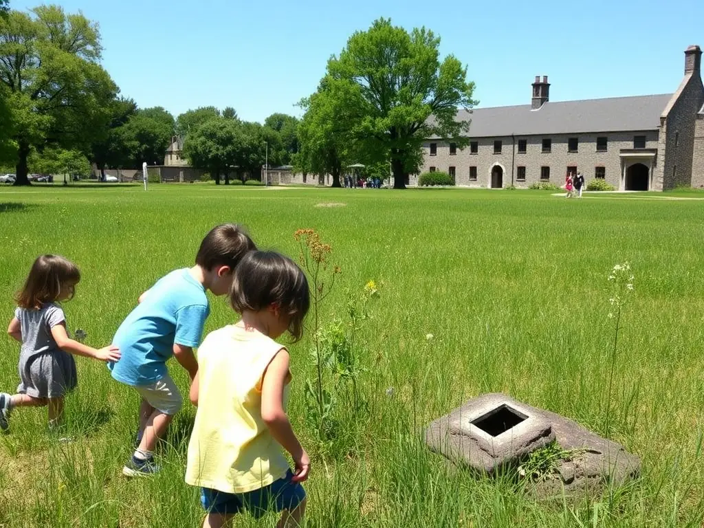 A group of children participating in an outdoor educational program at the Port Dieu site, learning about local history and nature.