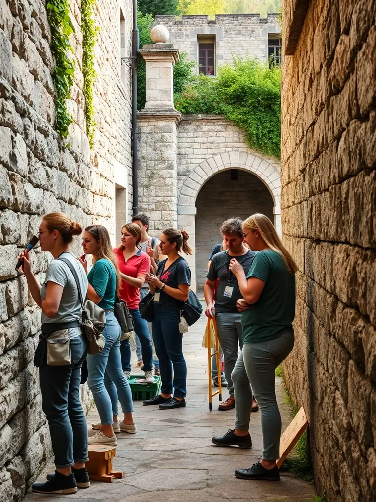 A dynamic image of volunteers working together on a site preservation project at Port Dieu, emphasizing the community involvement aspect of the organization's activities.