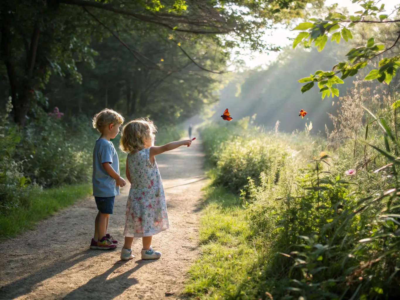 A group of children and adults participating in a nature walk, observing local flora and fauna, highlighting the educational and environmental aspects of the activity.