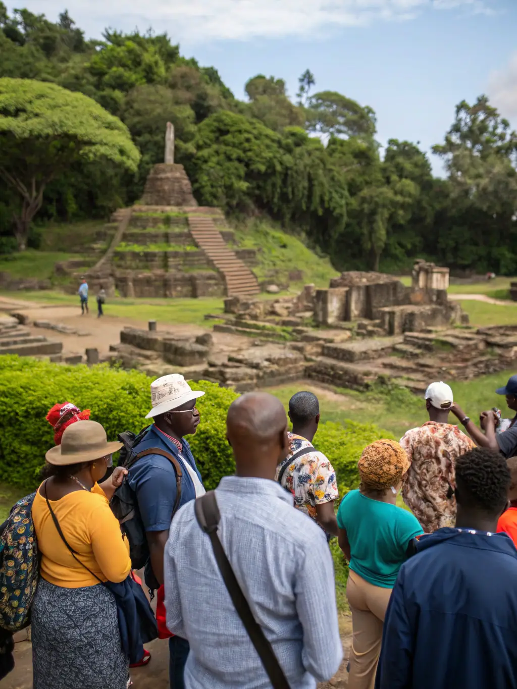 A vibrant photograph capturing participants engaged in a guided tour of the historical landmarks at Port Dieu, showcasing the cultural heritage program in action.