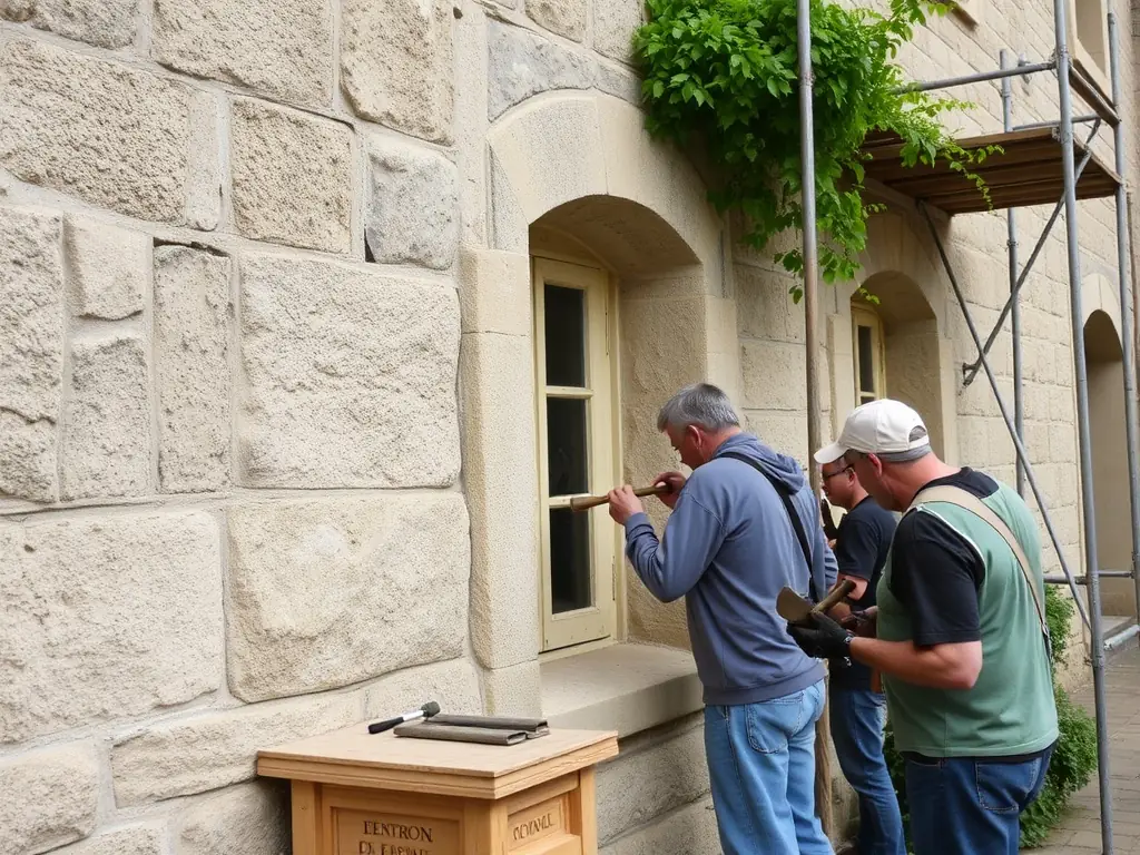 A photograph of volunteers working on the restoration of a historical building at the Port Dieu site.
