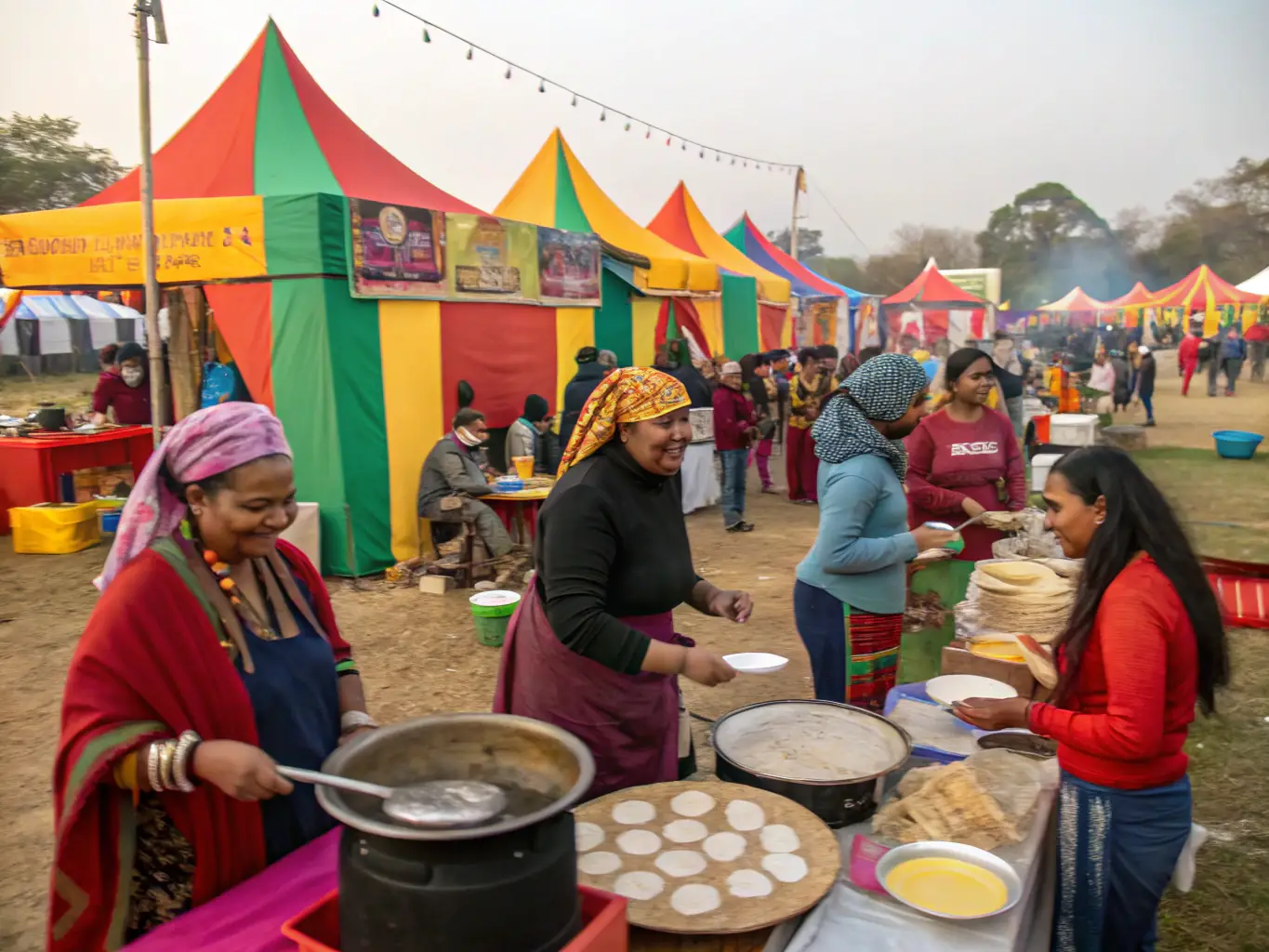 A diverse group of people engaged in a community event, showcasing local crafts and traditions, emphasizing the cultural exchange and community engagement aspects of the activity.
