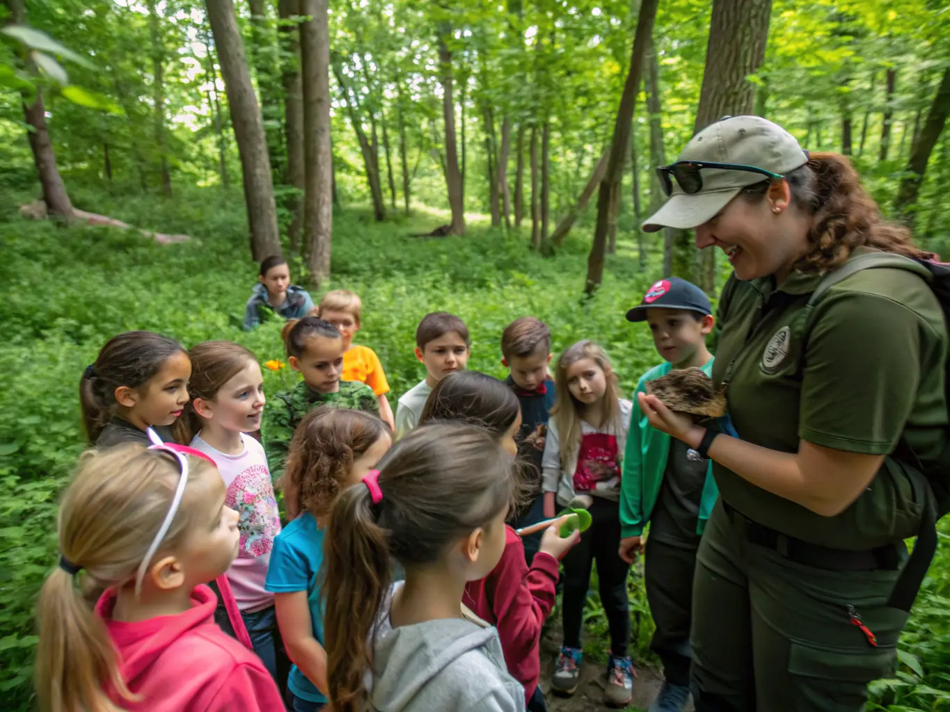A group of children participating in an outdoor educational program at the Port Dieu site, learning about local flora and fauna, with a focus on hands-on activities and environmental awareness.